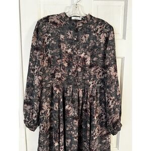 Women's Sz M Flowy‎ Floral Mock Neck Easter Dress Gray Pink Lined Pockets